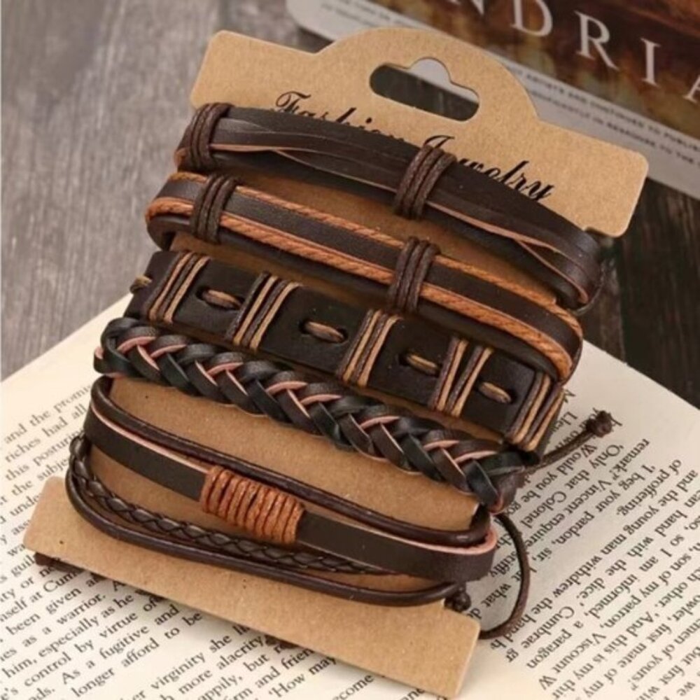 Men's Genuine Brown Braided Bracelet Set